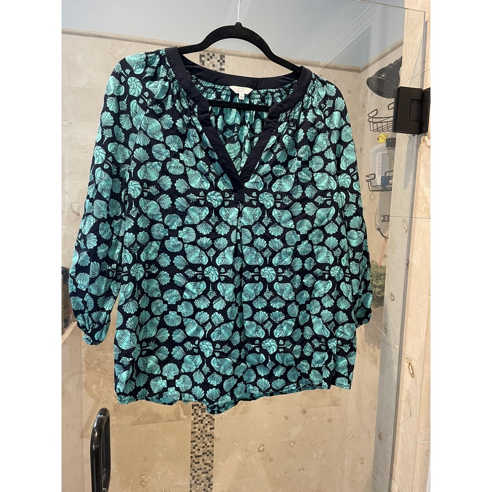 Crown & Ivy Tunic Top Size L Seashell Print Blue Green 3/4 Sleeve Blouse